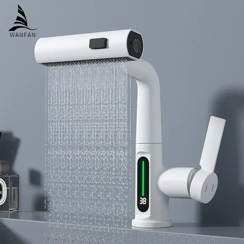 Modern white waterfall digital display basin faucet with decorbites digital display and smart waterfall spray feature