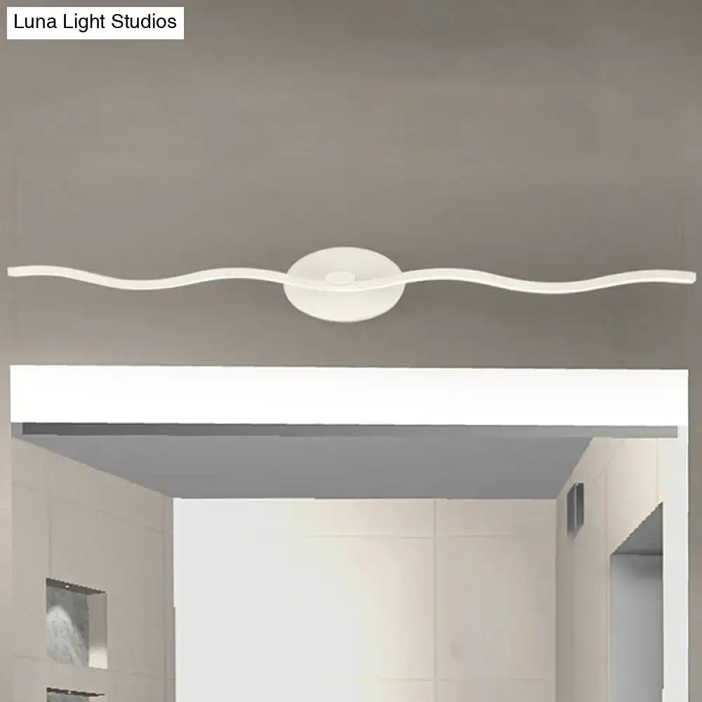 Modern white wave design led vanity light fixture with sleek wavy shape and central circular LED for bathroom use