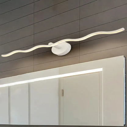 Modern white wave design led vanity light with sleek minimalist finish and wavy light fixture for bathroom use