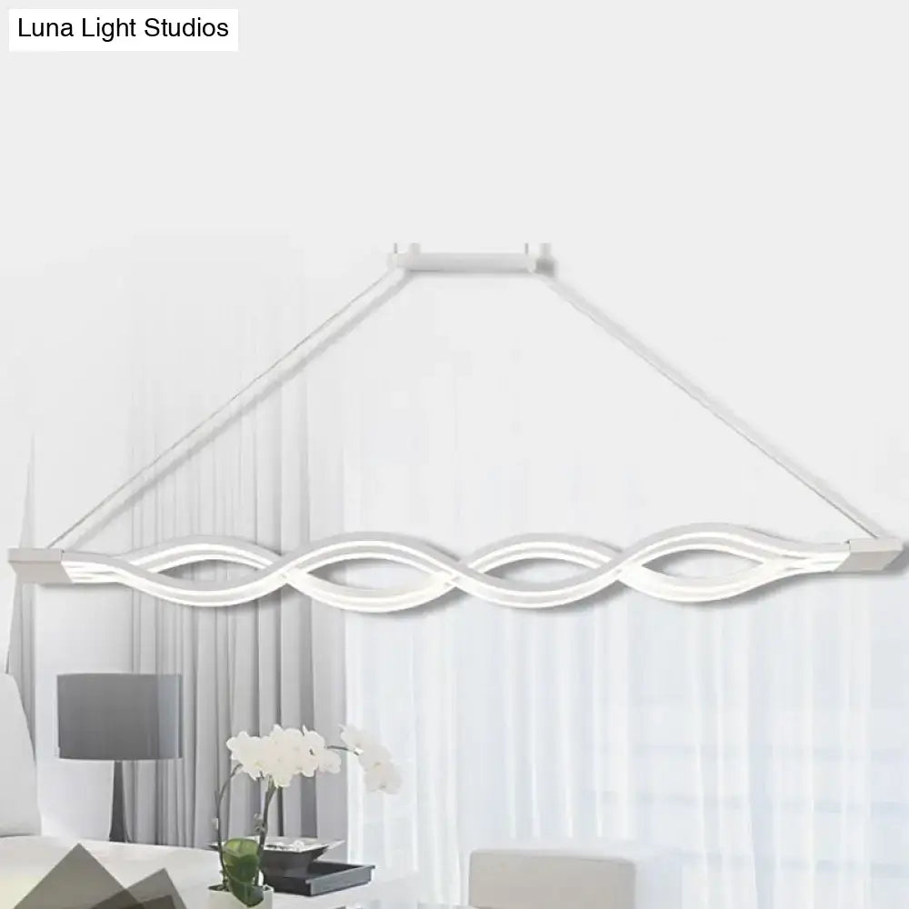 Modern white led pendant light with sleek wave-like design and minimalist frame for dining room island lighting