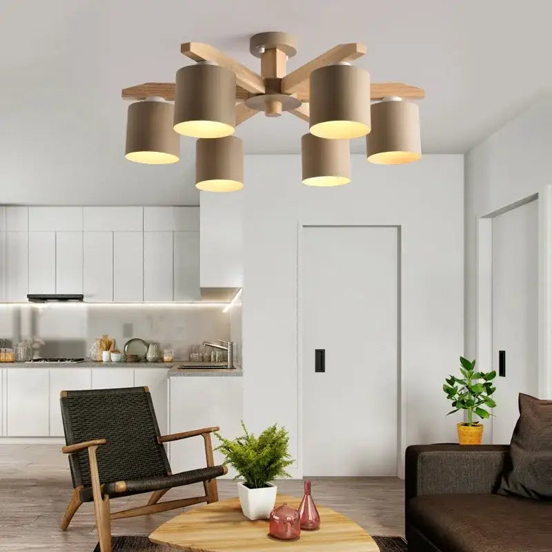 Modern white wood chandelier with six beige cylindrical shades lighting fixture for kitchen island decorbites iron wood chandelier