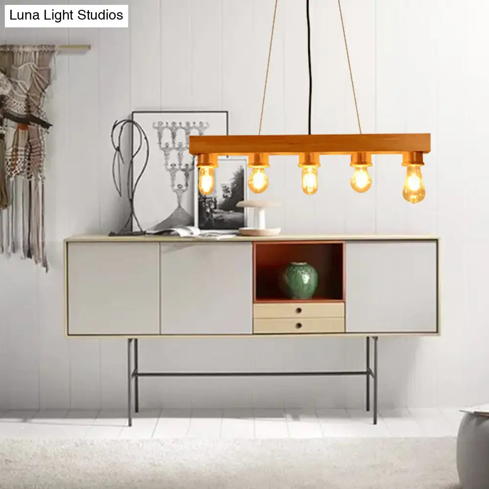 Modern wood 5 light rectangular chandelier with warm-toned wooden bar and exposed edison bulbs dining room ceiling light