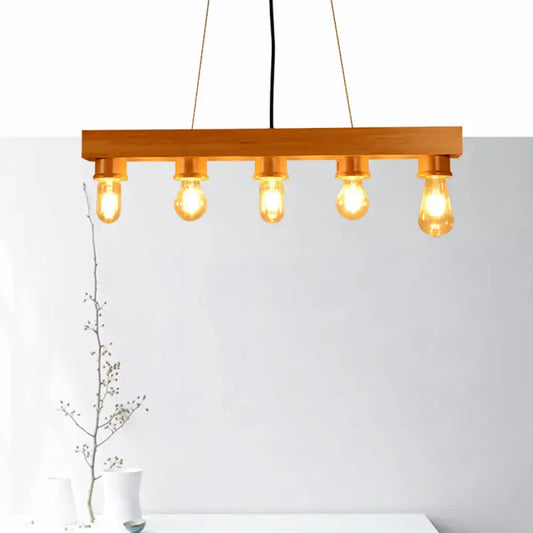 Warm-toned wooden rectangular chandelier with five exposed edison bulbs for dining room ceiling light use