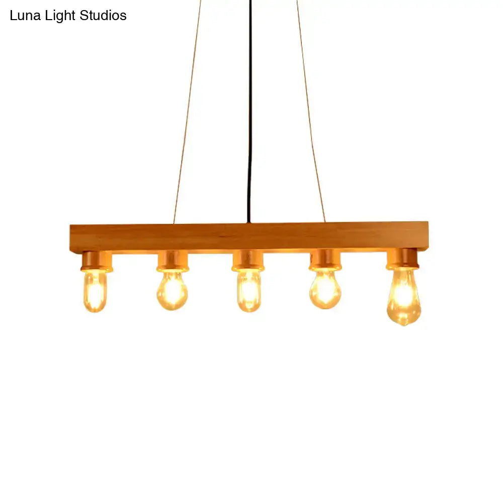 Modern wood 5 light rectangular chandelier with warm-toned wooden frame and exposed edison bulbs dining room ceiling light