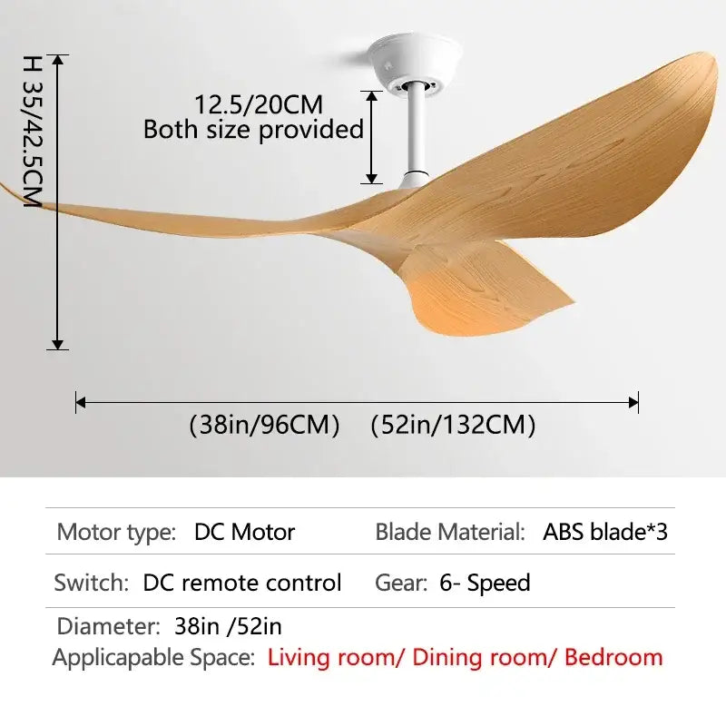 Modern wood 52 inch dc ceiling fan with three light-brown abs blades and white motor housing for living room use