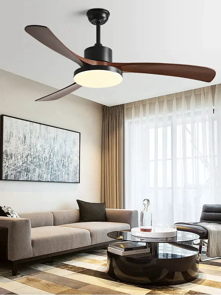Modern wood 56 inch 3-leaf fan light with remote control featuring black metal and dark wood blades for dining room use