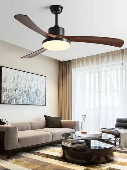 Modern wood 56 inch 3-leaf fan light with remote control featuring black metal and dark wood blades for dining room use