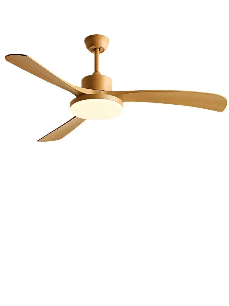 Modern wood 56 inch 3-leaf fan light with remote control features matte wooden blades and warm-toned illuminated housing