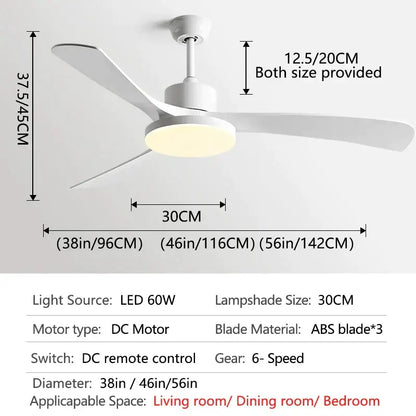 White modern wood 56 inch 3-leaf fan light with three sleek abs blades and integrated led light with remote control