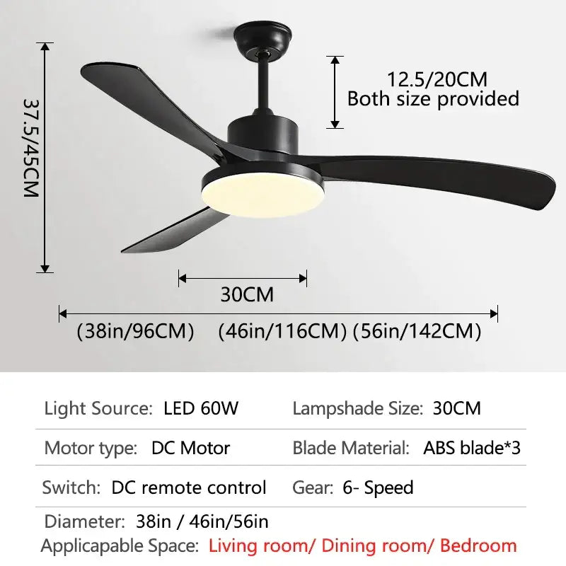 Modern wood 56 inch 3-leaf fan light in black with abs blades and integrated led light with remote control for dining room