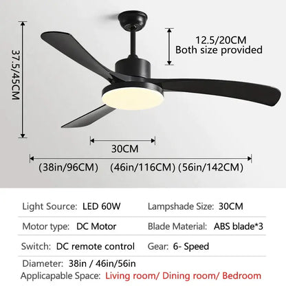 Modern wood 56 inch 3-leaf fan light in black with abs blades and integrated led light with remote control for dining room