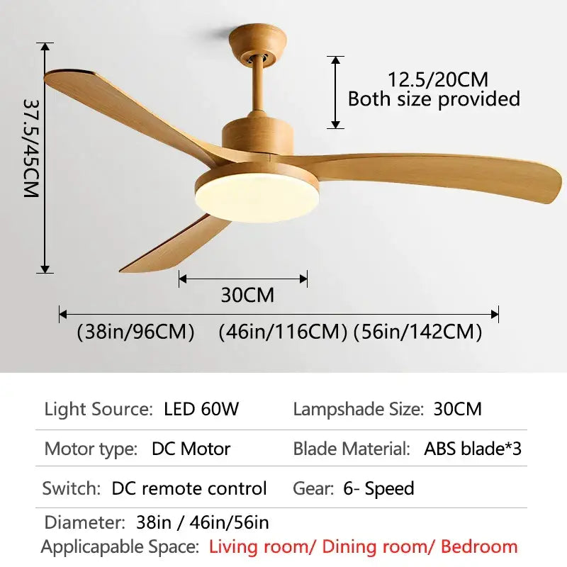 Modern wood 56 inch 3-leaf fan light with light wooden abs blades and circular led lampshade remote control dining room fan light