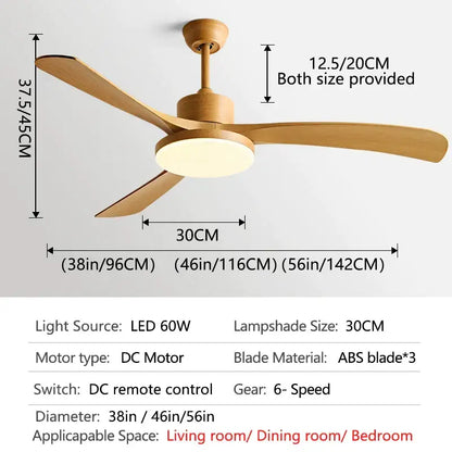 Modern wood 56 inch 3-leaf fan light with light wooden abs blades and circular led lampshade remote control dining room fan light