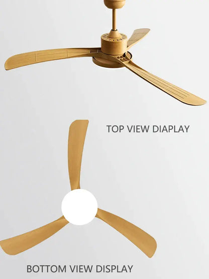 Gold-finished wooden 56 inch 3-leaf fan light with remote control and central motor housing for dining room use