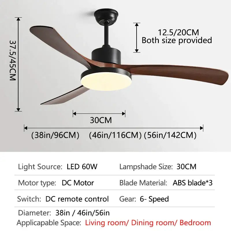 Modern wood 56 inch 3-leaf fan light with black metal body, dark brown ABS blades, circular LED, and remote control