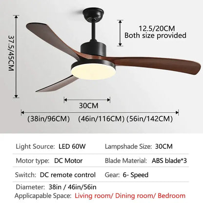 Modern wood 56 inch 3-leaf fan light with black metal body, dark brown ABS blades, circular LED, and remote control
