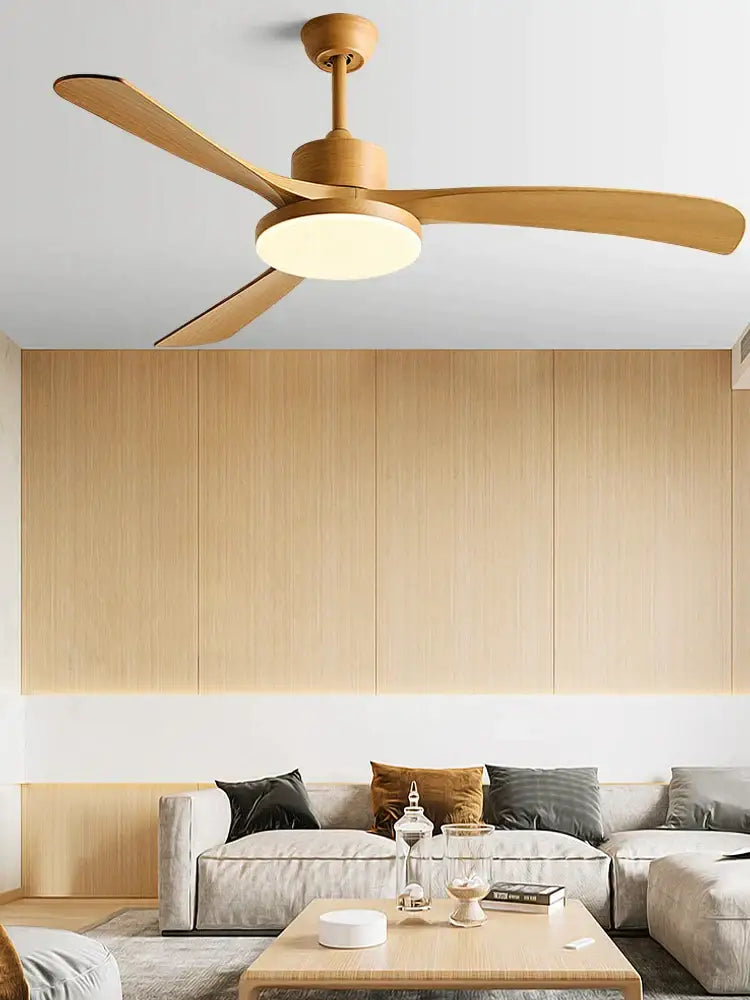 Modern wood 56 inch 3-leaf fan light with warm natural finish and remote control for dining room use