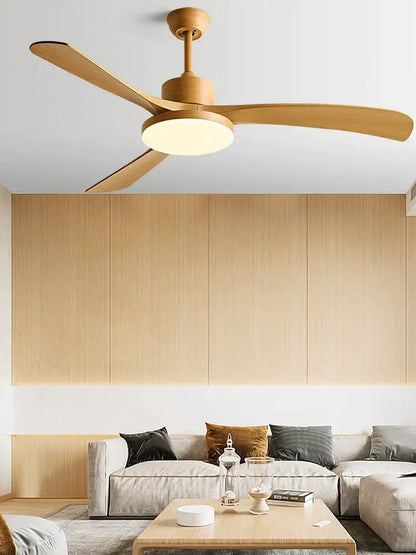 Modern wood 56 inch 3-leaf fan light with warm natural finish and remote control for dining room use