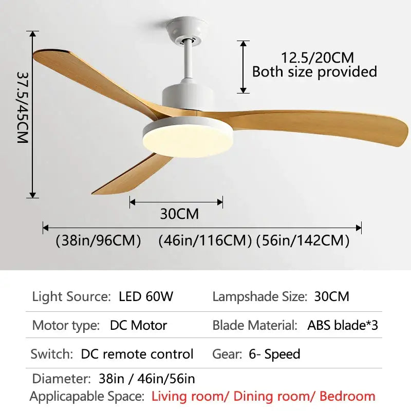 Modern wood 56 inch 3-leaf fan light with remote control featuring three light wooden blades and integrated led lamp