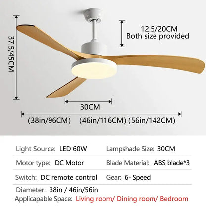 Modern wood 56 inch 3-leaf fan light with remote control featuring three light wooden blades and integrated led lamp