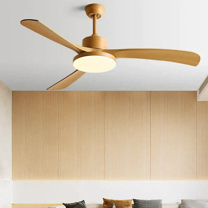 Modern wood 56 inch 3-leaf fan light with remote control features three sleek blades and integrated circular light fixture
