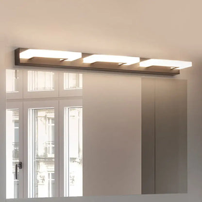 Modern wood acrylic rectangle vanity sconce with three frosted glass panels in brushed bronze for wall lighting