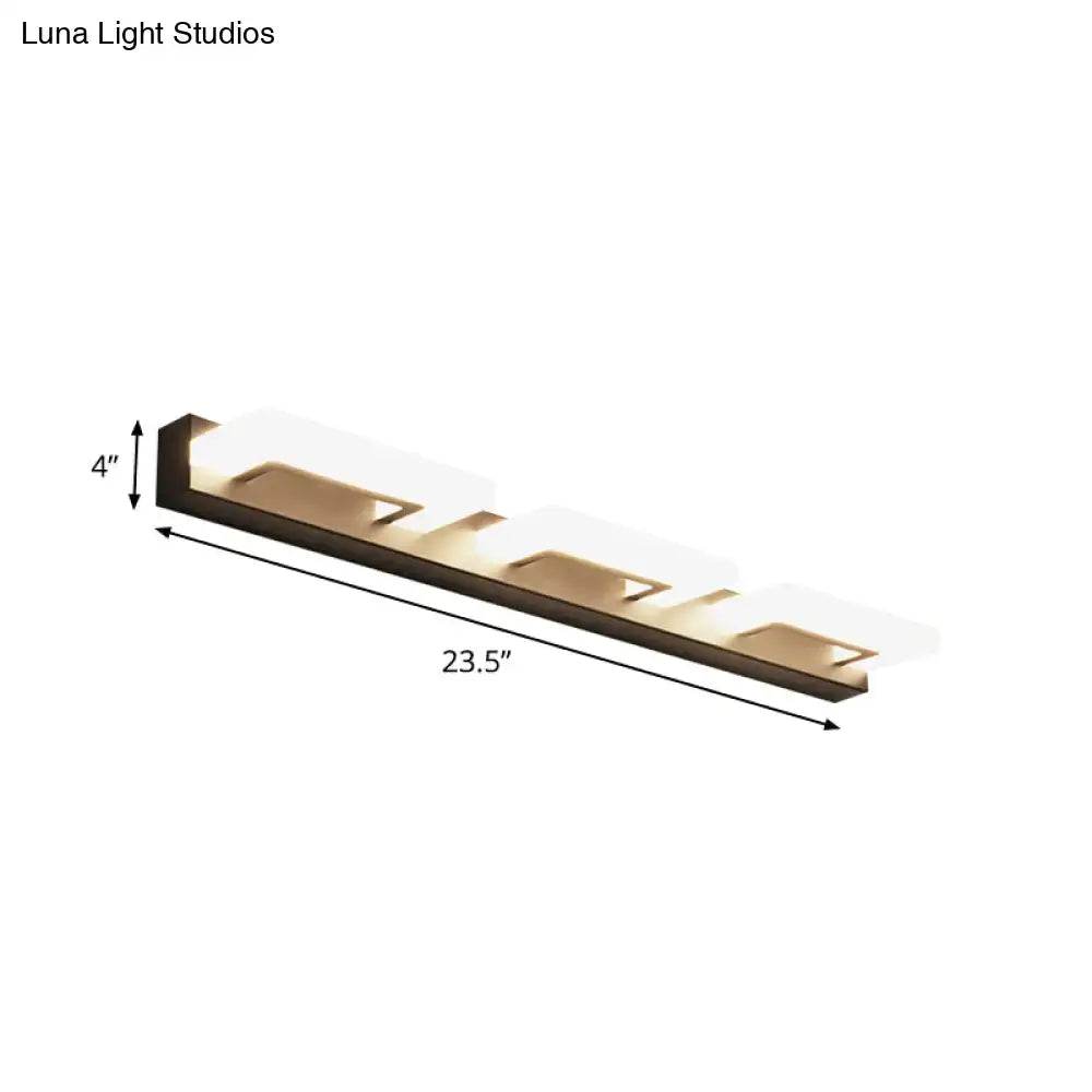 Modern bronze wall lighting with three frosted acrylic rectangle panels for a sleek rectangle vanity sconce design