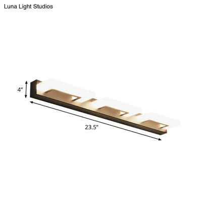 Modern bronze wall lighting with three frosted acrylic rectangle panels for a sleek rectangle vanity sconce design