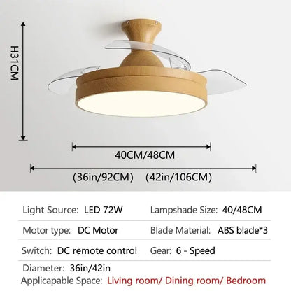 Modern wood and acrylic ceiling fan light with natural wood finish and transparent ABS blades for bedroom use