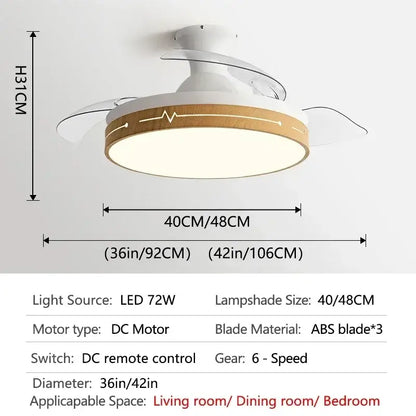Modern wood and acrylic ceiling fan light with white abs blades and led lighting for living room or bedroom use