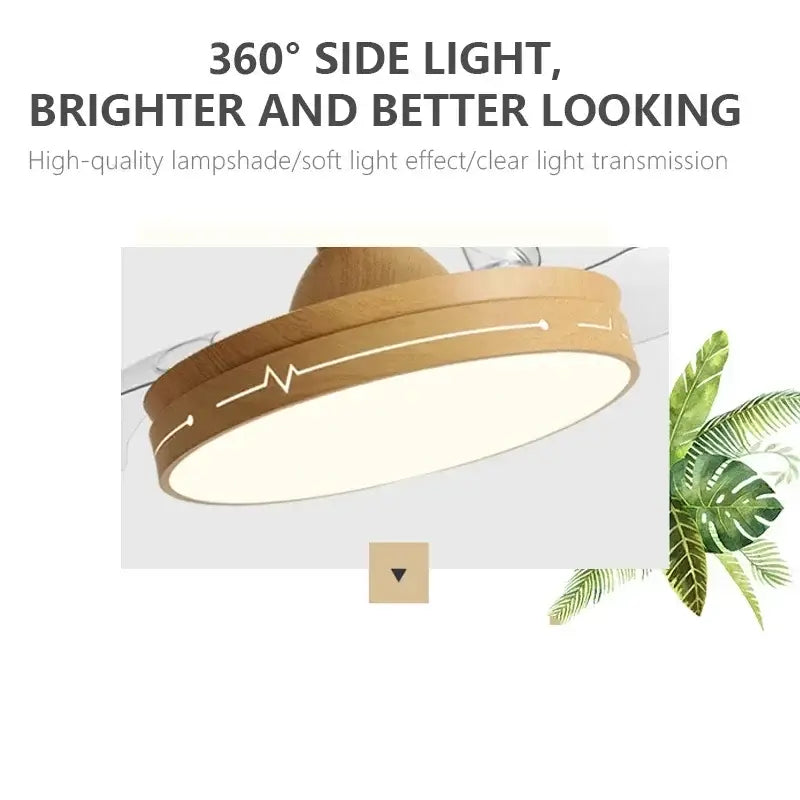 Modern wood and acrylic ceiling fan light with wooden blades and circular lampshade featuring white line art detailing