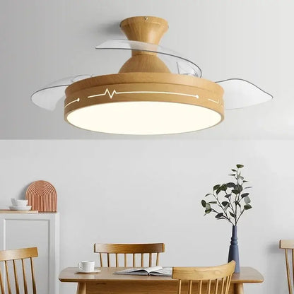 Modern wood and acrylic ceiling fan light with clear acrylic blades and white line design on circular light housing