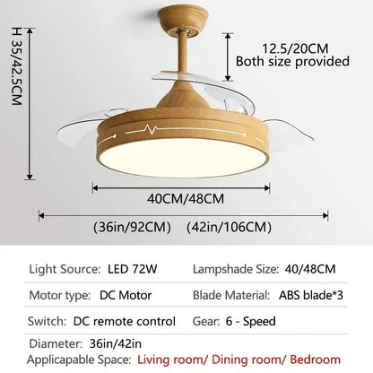 Modern wood and acrylic ceiling fan light with clear abs blades and circular lampshade for bedroom use