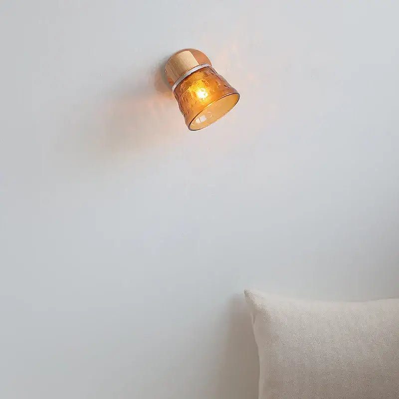 Modern wood and amber glass led wall sconce with warm decorbites amber glass and wooden base for bedroom pull chain light