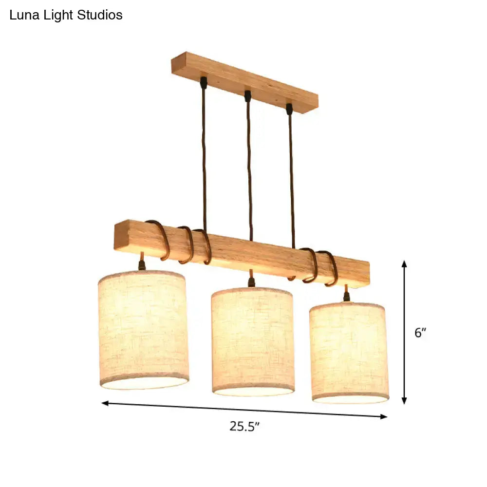 Natural wood beam pendant island lighting fixture with three beige linen shades compatible with 220v-240v 110v-120v