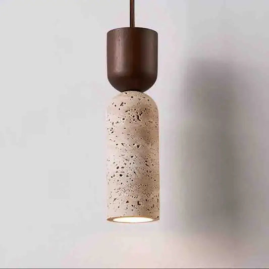 Modern pendant light with dark wood top and speckled beige stone pendant light for cord pendant installation
