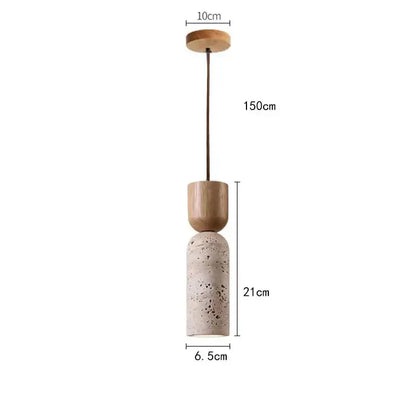 Modern wood and beige stone pendant light with natural wood mount and black cord pendant installation for kitchen decor
