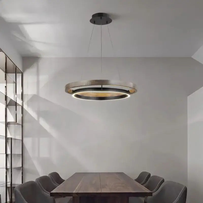 Modern wood and black double circular led chandelier with brushed metallic double ring pendant light for dining room
