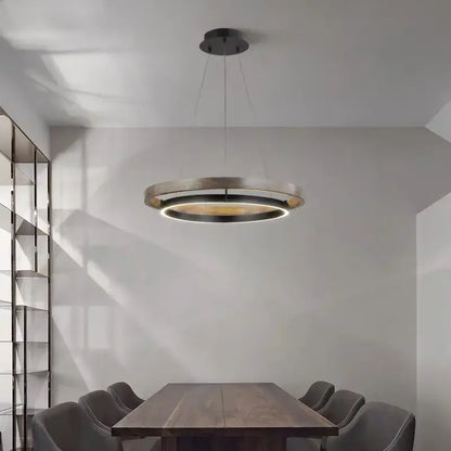 Modern wood and black double circular led chandelier featuring a brushed metallic pendant light with illuminated inner ring