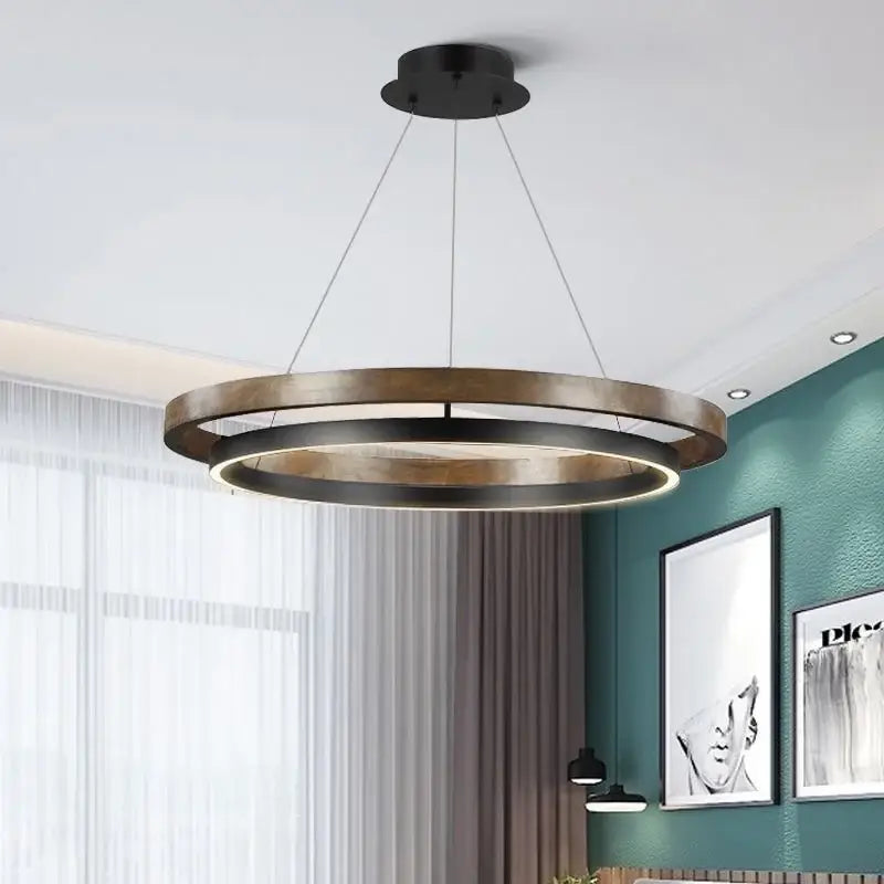 Modern wood and black double circular led chandelier pendant light with matte black and brushed brass finish and illuminated ring