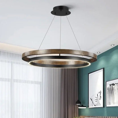 Modern wood and black double circular led chandelier pendant light with matte black and brushed brass finish and illuminated ring