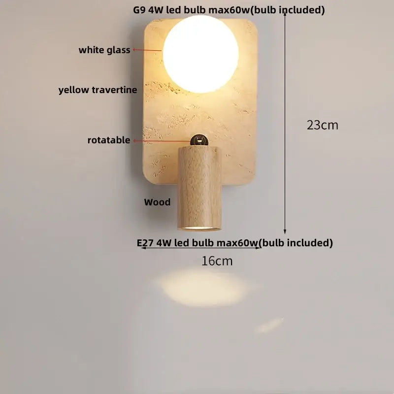 Modern wood and black iron wall light fixture with yellow travertine backplate and dual integrated light sources