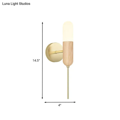 Modern wood and brass led light wall sconce with frosted glass shade for living room light fixture lighting