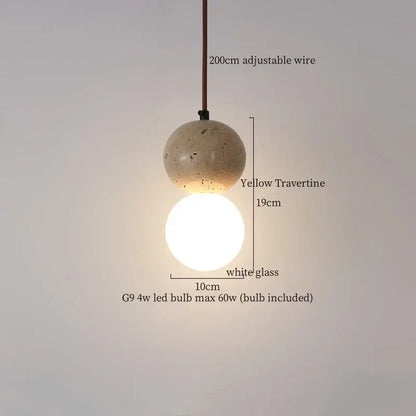Yellow travertine sphere pendant light with white glass globe decorbites led pendant lights for modern interiors