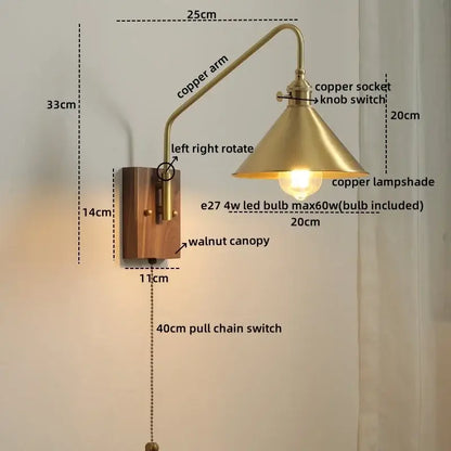 Brass-finished copper led wall sconce with walnut canopy and conical shade for modern wood and glass stair lighting