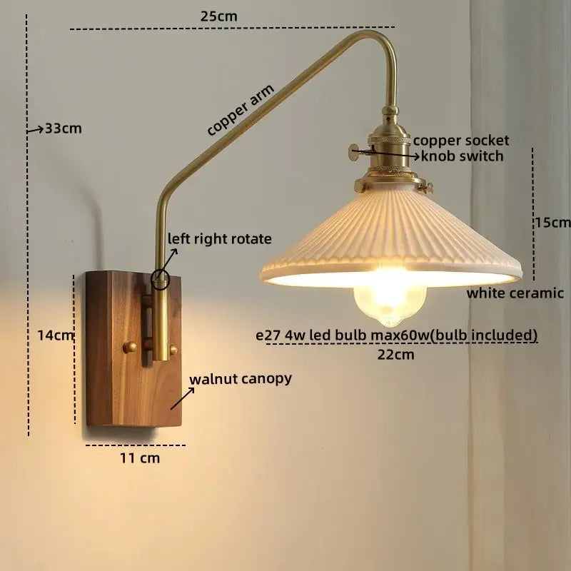 Modern wood and copper led wall sconce with brass copper arm, walnut base, and white ridged ceramic shade for bedroom or stairs