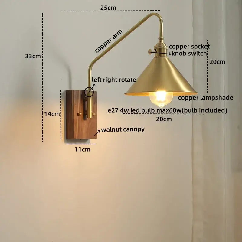 Brass-finished copper led wall sconce with walnut canopy and conical lampshade for modern bedroom or stair lighting
