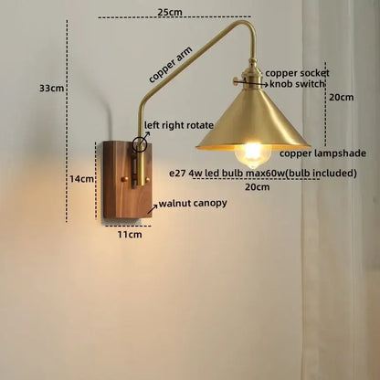 Brass-finished copper led wall sconce with walnut canopy and conical lampshade for modern bedroom or stair lighting