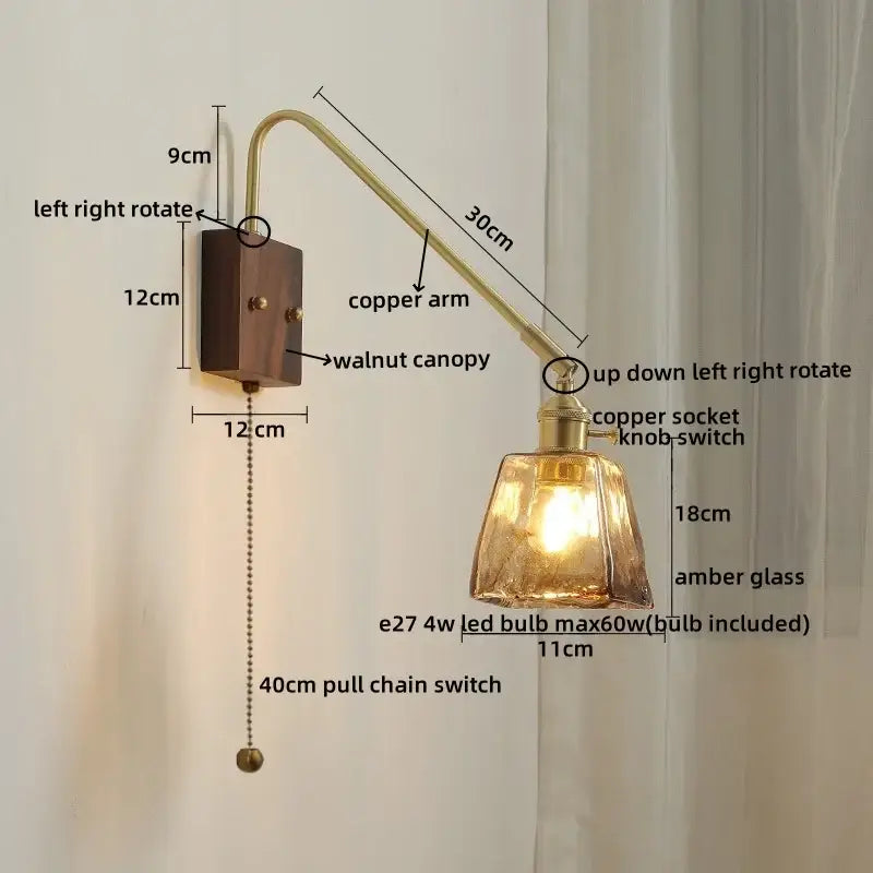 Adjustable copper led wall sconce with walnut canopy and amber glass shade for modern bedroom or stair lighting