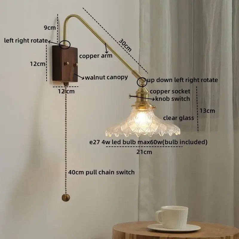 Modern wood and copper led wall sconce with brass copper arm walnut canopy and clear glass shade for bedroom stairs